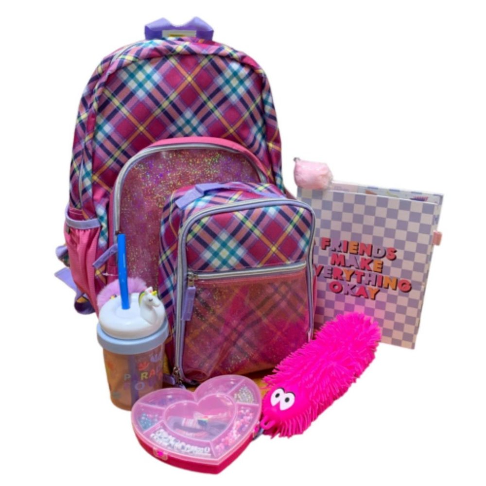 New More Than Magic Girls Pink Glitter Plaid Unicorn Cup Lunchbox Backpack Set